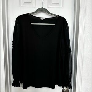 XL Maurices black v-neck top with see thru ruffle sleeves elastic long sleeves